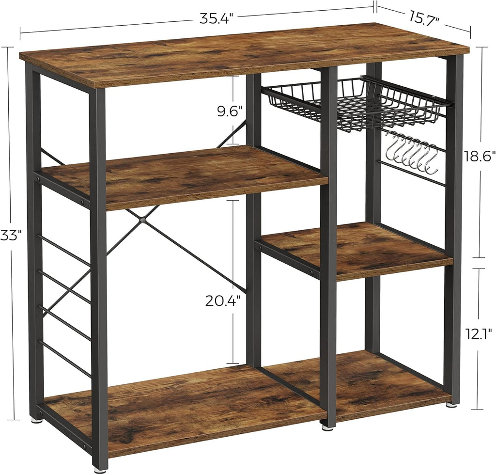 VASAGLE Kitchen Baker’s Rack, Steel Frame, Wire Basket, 6 Hooks