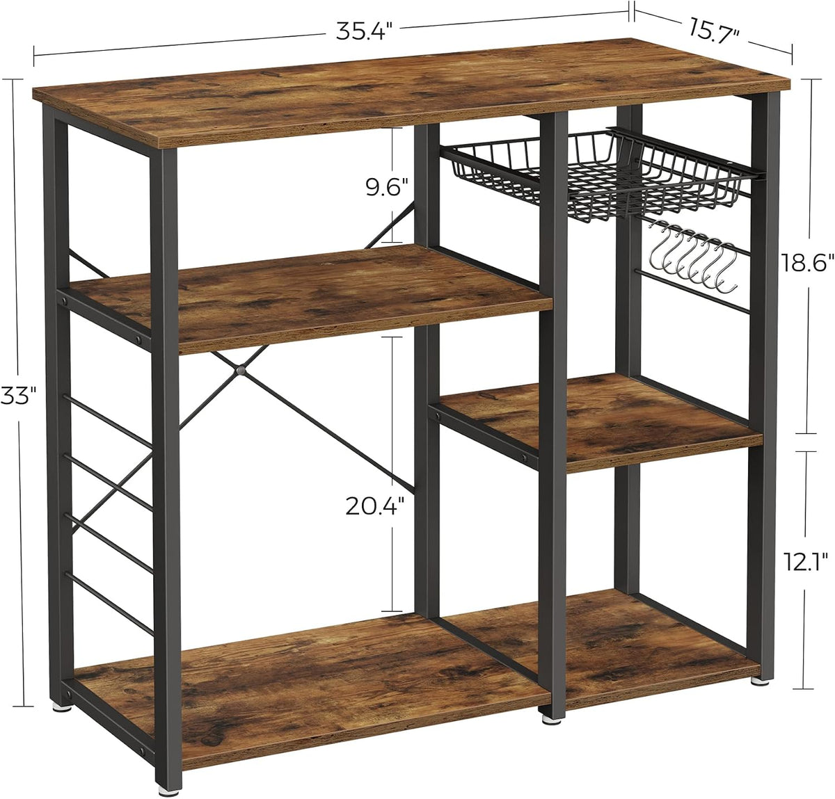 VASAGLE Kitchen Baker’s Rack, Steel Frame, Wire Basket, 6 Hooks