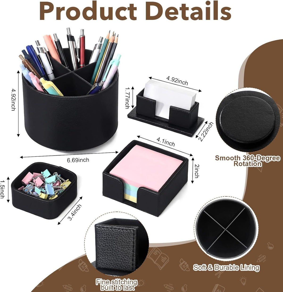 4 Pcs Aesthetic PU Leather Desk Organnizer Set, Black
