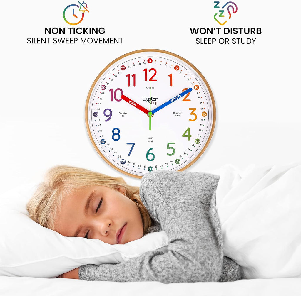 Oyster&Pop Rainbow Kids Wall Clock - Silent 10" Analog Learning Clock