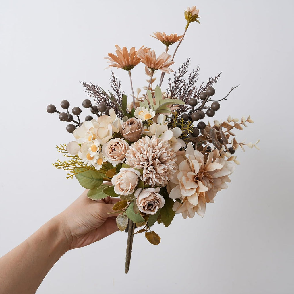 16-inch Artificial Fake Flowers Silk Table Arrangements Faux Plastic Floral Centerpieces for Home with Roses, Dandelions, Daisies, Hydrangea, Eucalyptus, Chrysanthemums and Hollyberries