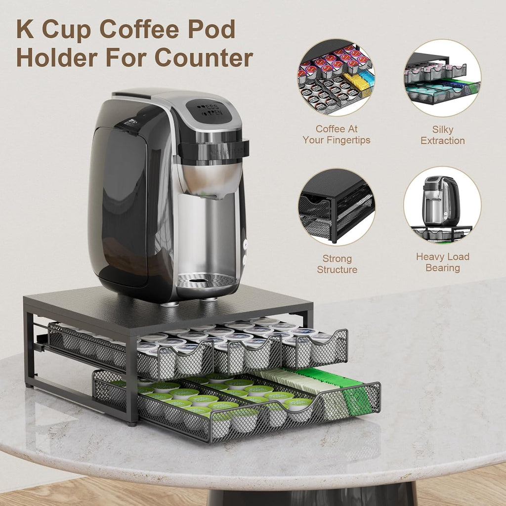 Coffee Pod Holder For Counter, 3 Pull-Out 72 K Cup Holder Drawer, Wooden Cafe Pods Storage Organizer with Sliding Drawers for Coffee Station, Home, Kitchen, Office, Dorm (Black)