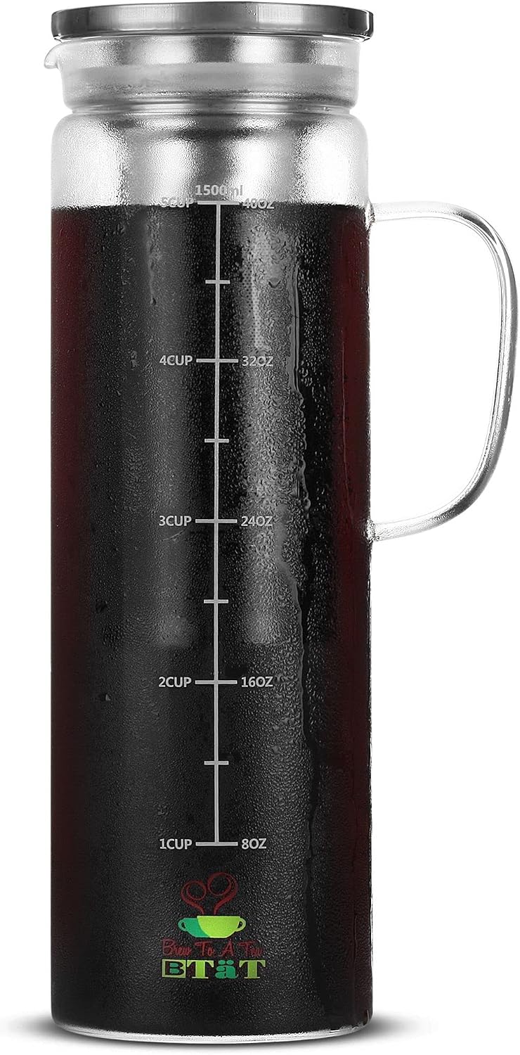 BTaT- Cold Brew Coffee Maker, 1.5 Quart,48 oz Iced Coffee Maker, Iced Tea Maker, Airtight Cold Brew Pitcher, Coffee Accessories, Cold Brew System, Cold Tea Brewing, Coffee Gift