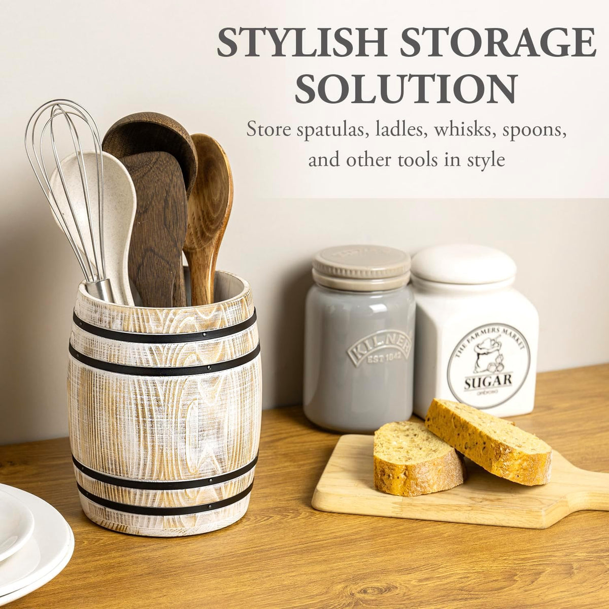 MyGift Whitewashed Wood Wine Barrel Kitchen Utensil Holder Crock