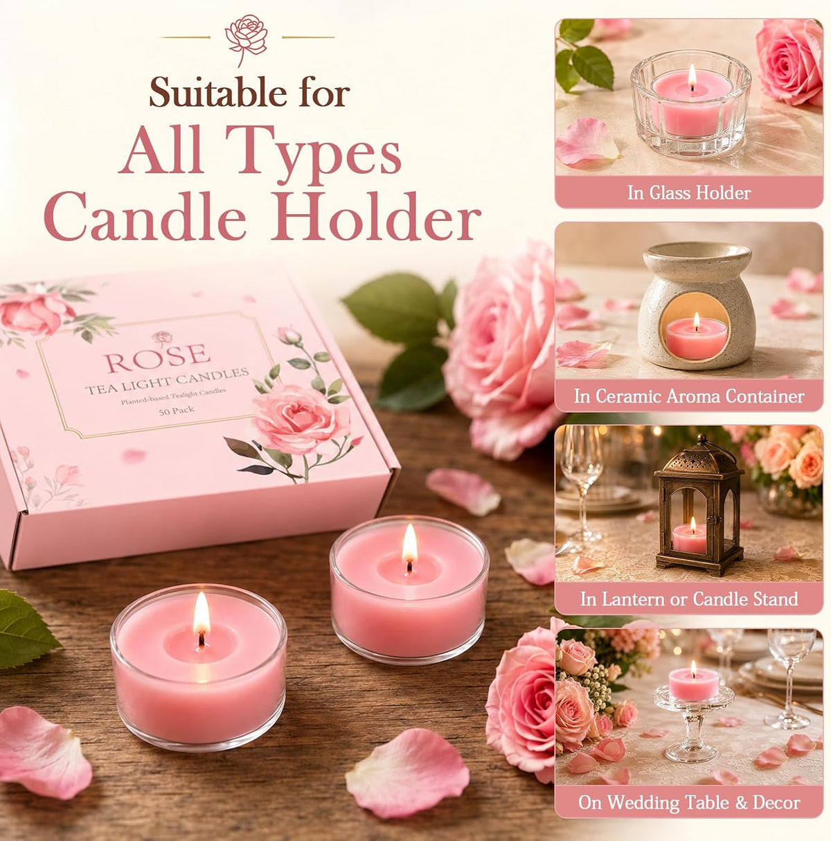 Rose Scented Tea Light Candles 50 Pack Natural Soy Wax Tealight Candles