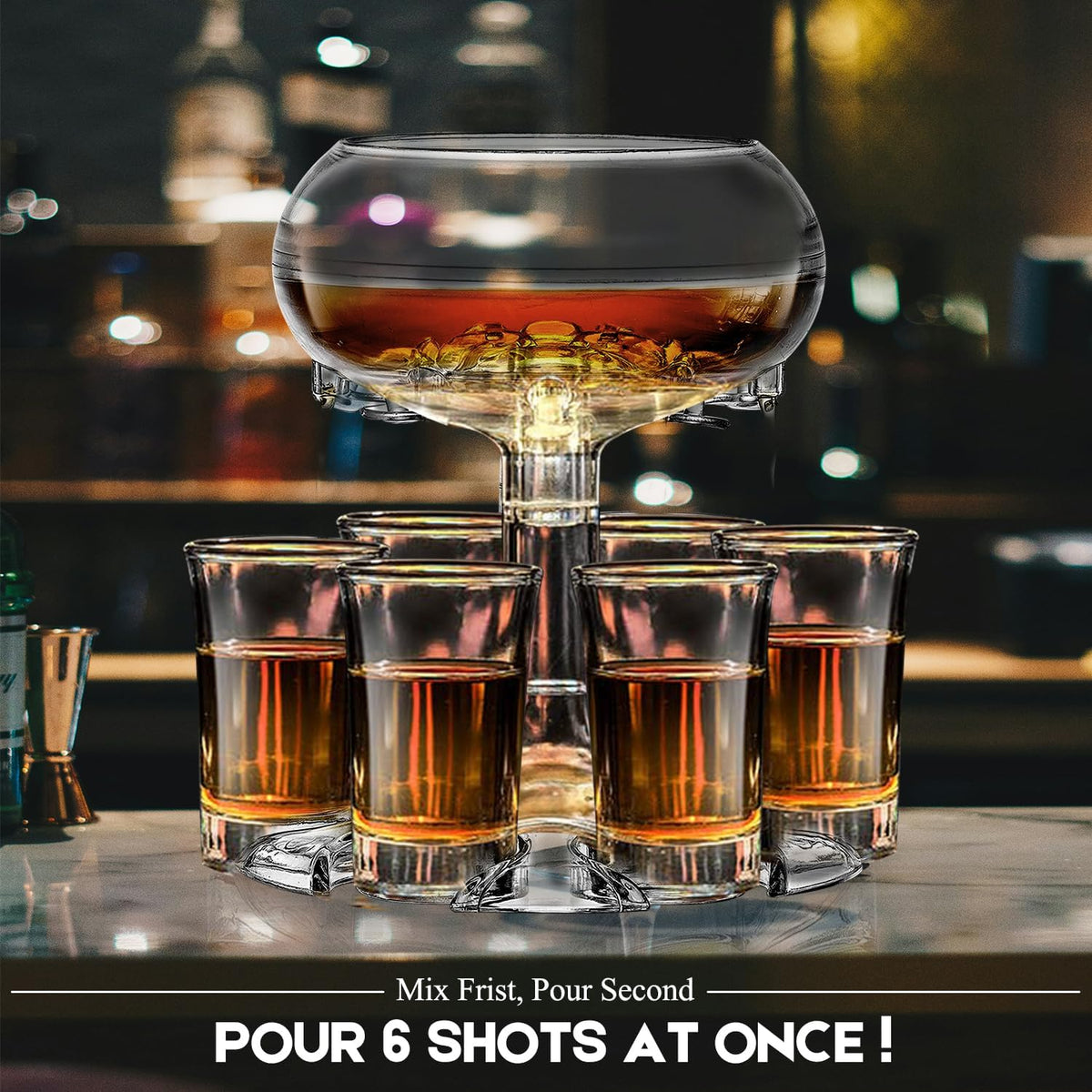 Adjustable Shot Glass Dispenser and Holder Made of Food Grade Plexiglass, Shot Dispenser with 6 Drinking Glasses for Kinds of Parties (Gold)