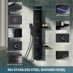 5 in 1 Matte Black Rainfall Shower Panel Tower System With Storage Shelf