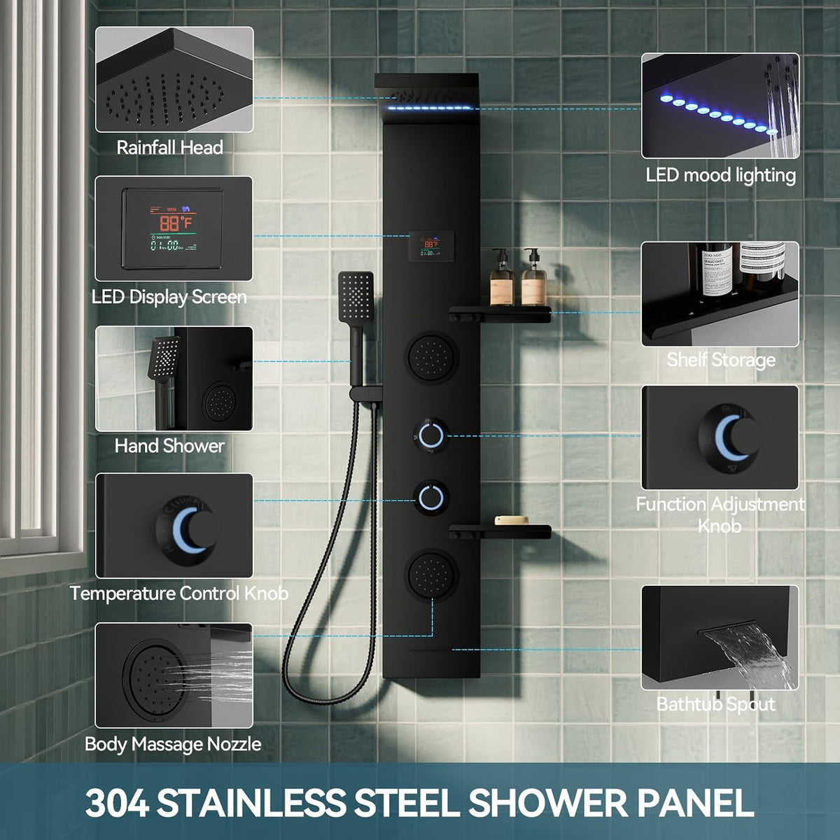5 in 1 Matte Black Rainfall Shower Panel Tower System With Storage Shelf
