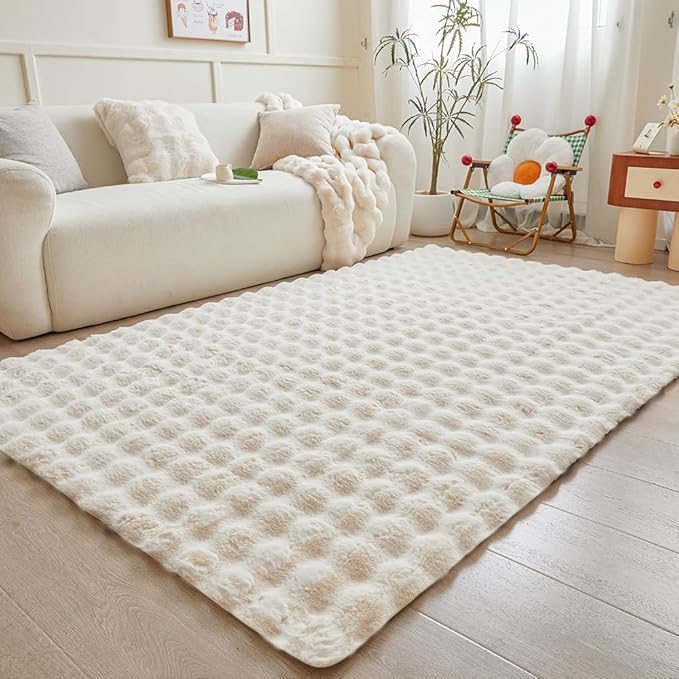 Creamy White Rabbit Plush Rug 5'x8', Fluffy Faux Fur Shaggy Area Rug - Image 2