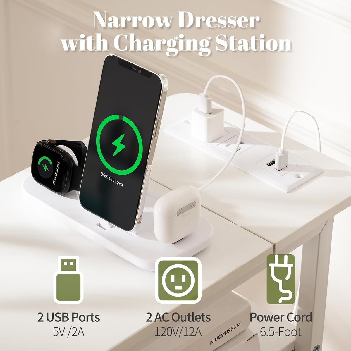 Yoobure Narrow Nightstand with Charging Station, LED Tall Narrow Side Table