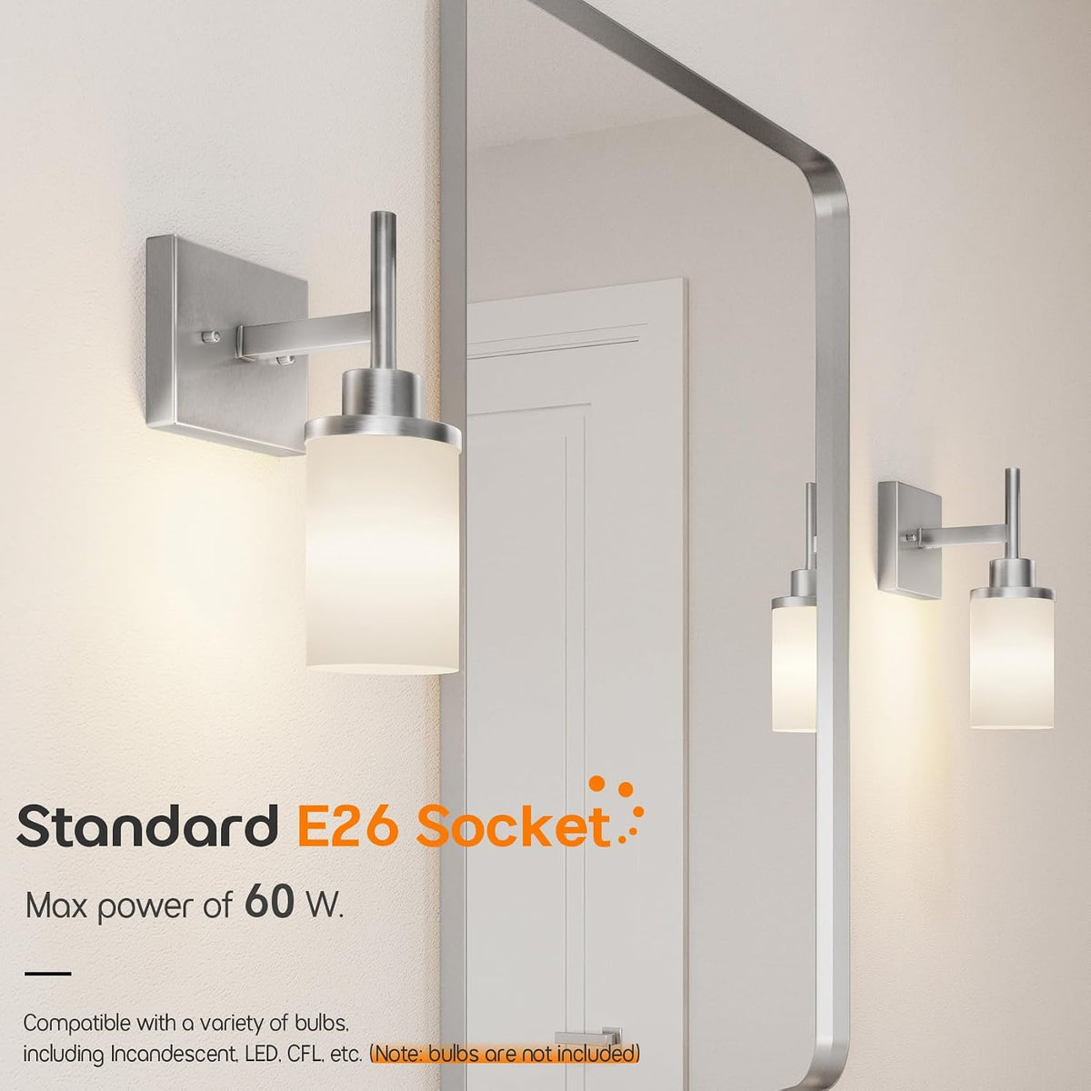 Bathroom Light Fixtures Brushed Nickel Vanity Lights with White Frosted Glass Shade, Wall Lamp for Mirror Kitchen Bedroom Porch, 2 Pack T001BR-L1-P2