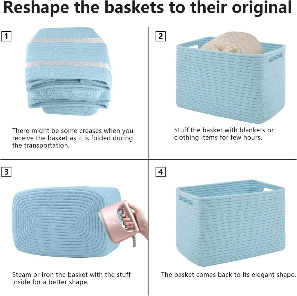 4 Pack Storage Baskets for Organizing Toys, Towels, and Clothes, Woven Basket for Shelves, Sturdy Nursery Cube Bins for Storage, 13''L x9''W x7.8''H, Blue