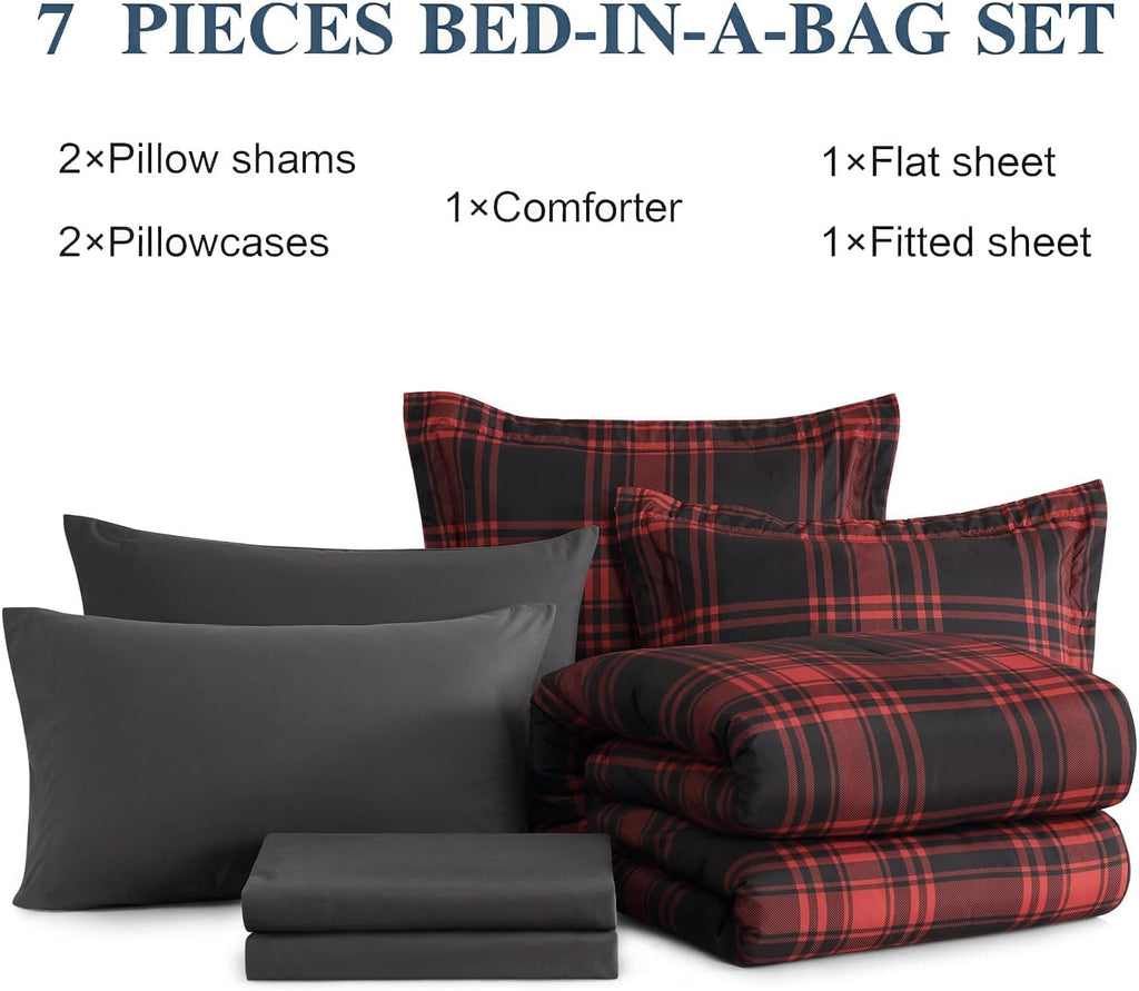 MaiRêve Plaid Queen Comforter Set Red Black 7 Pieces Bed in a Bag