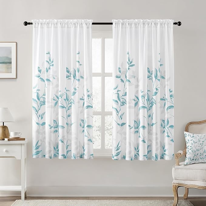 HOMEIDEAS Non-See-Through Teal and White Privacy Sheer Curtains 52 X 63 Inch by HOMEIDEAS