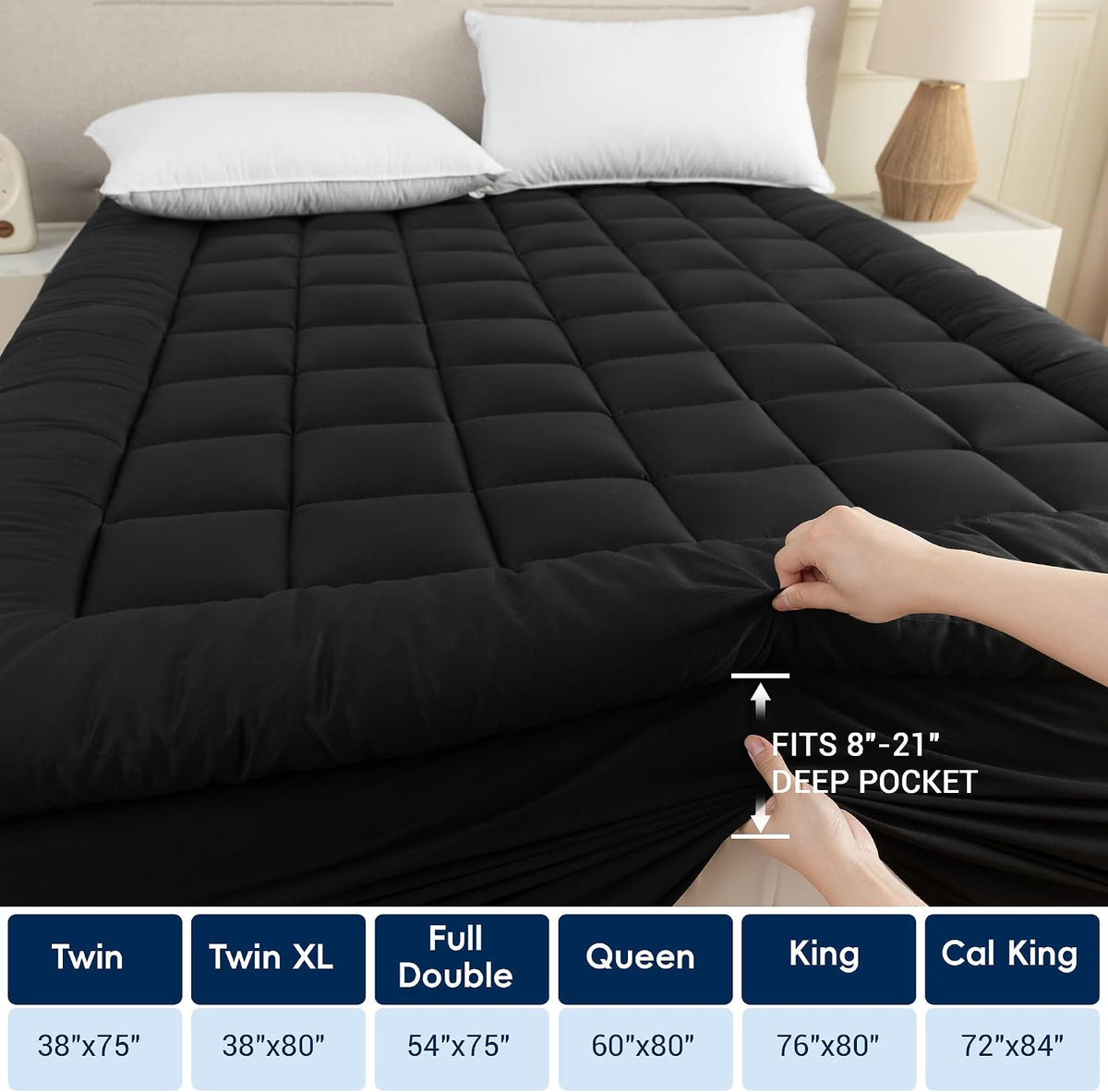 Breathable and Comfortable Mattress pad for Back Pain Relief. Features a 360° Full Enclosure Design to Prevent Slipping and Shifting（Black,Twin 38"x75"）