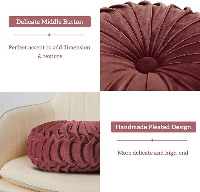 HIG Set of 2 Decorative Round Pleated Throw Pillows, Classy Accent Pumpkin - Image 3