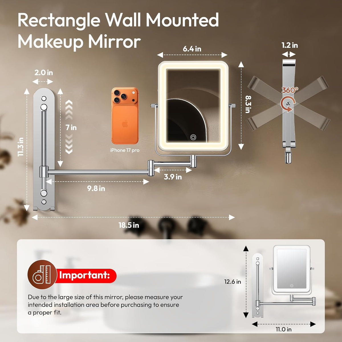 7“ Height Adjustable Wall Mounted Lighted Makeup Mirror with Light