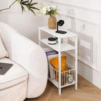 Narrow Side Table with Storage Basket Small End Table for Small Space,White