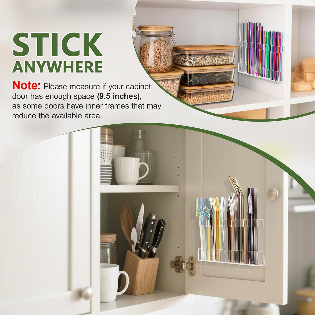 Malldii 9.5" Large Acrylic Straw Holder for Cabinet Door - Adjustable Reusable Straw Organizer Storage, Small Kitchen Accessories Container, Ultra Sticky Cupboard Door Mounted (Transparent)