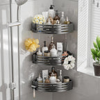 Corner Shower Caddy Suction Cup,Shower Shelves with Hooks,No Drilling Powerful Suction Bathroom Organizers and Storage,Removable Waterproof Rustproof Shower Bathroom Accessories Decor(Grey 3Pack)