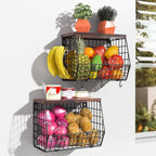 Wawocs Fruit Basket for Kitchen Counter 2 Tier Fruit Bowl, Stackable Wall Mounted Hanging Fruit Basket Wire Baskets with Wood Lid with 4 Banana Hanger Hooks, Onion Basket, Fruit and Vegetable Storage