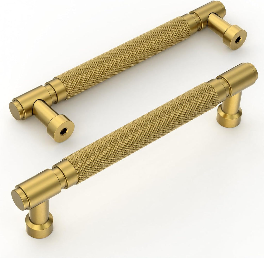 Amerdeco 10 Pack Brushed Modern Brass knurled Cabinet Pulls 5"