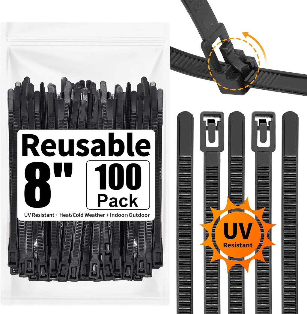 100 Pack Reusable Zip Ties Assorted Sizes 6 8 10 12 Inch Black Cable Ties