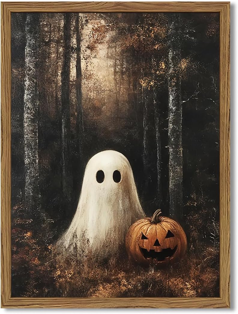 Framed Vintage Halloween Ghost Canvas Wall Art, Cute Ghost Pumpkin Wall Decor Paintings, Gothic Dark Academia Pictures Prints Spooky Fall Forest Home Decor for Living Room Bedroom 12x16 inch