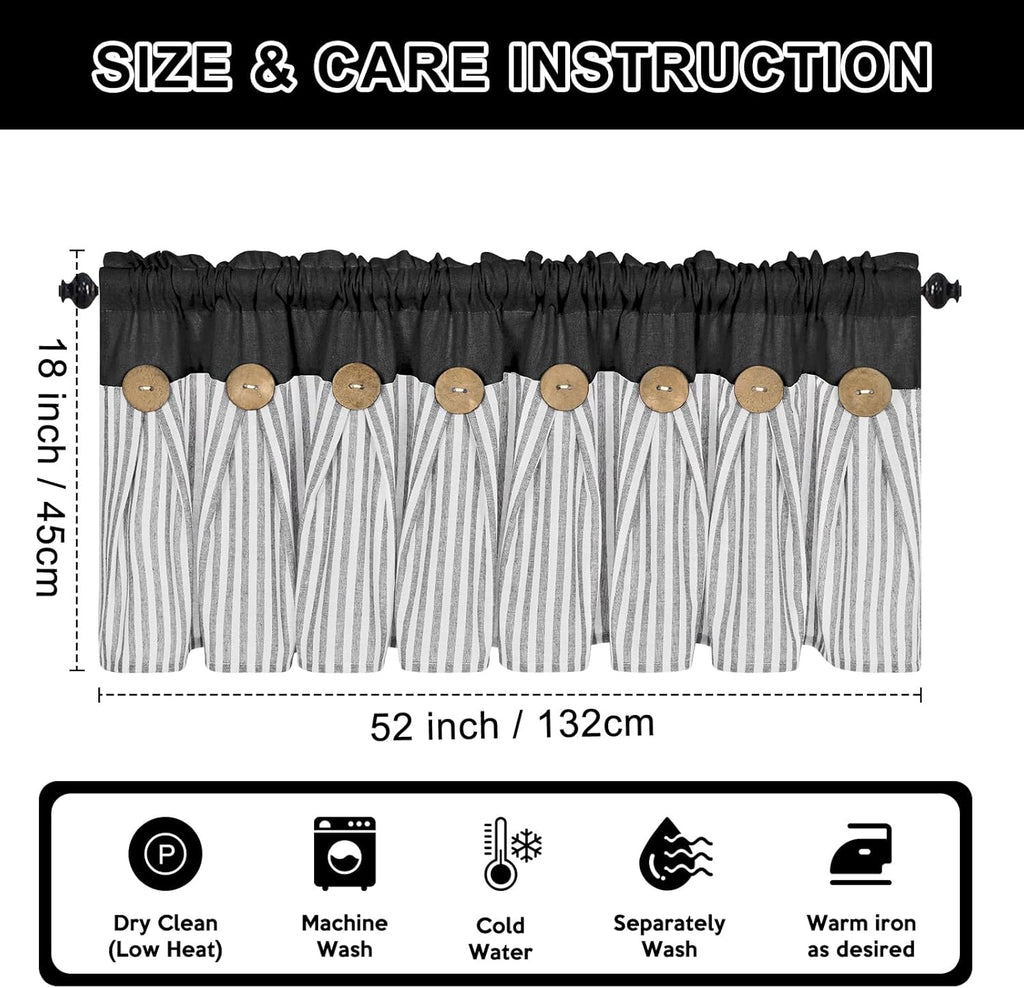 ASPMIZ Cotton Linen Kitchen Valance Curtains, Boho Rustic Button Linen Valances for Windows Farmhouse, Black with Grey Stripe Valance Window Topper Treatment Window Valances for Bathroom, 52 x 18 Inch