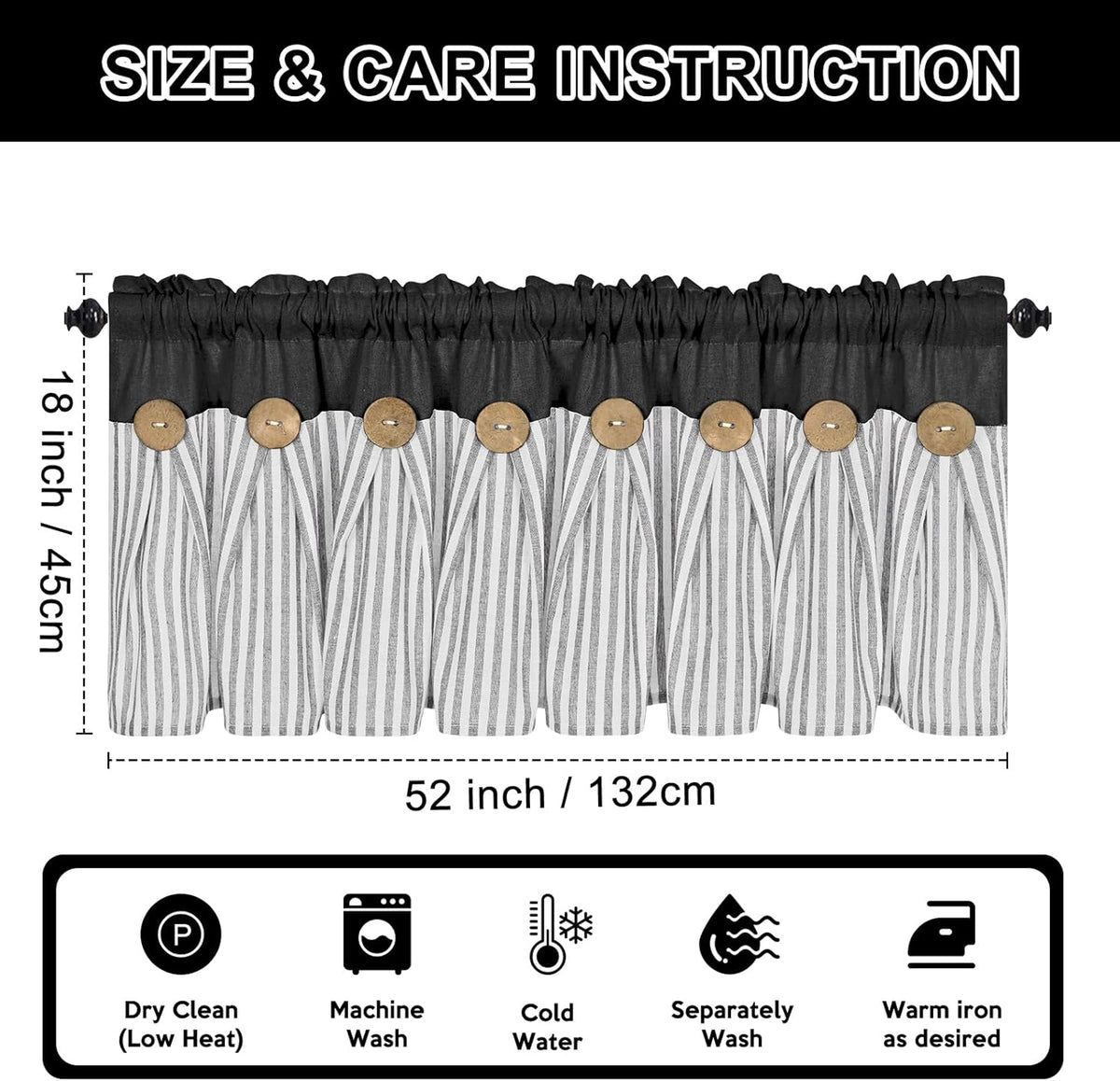 ASPMIZ Cotton Linen Kitchen Valance Curtains, Boho Rustic Button Linen Valances for Windows Farmhouse, Black with Grey Stripe Valance Window Topper Treatment Window Valances for Bathroom, 52 x 18 Inch