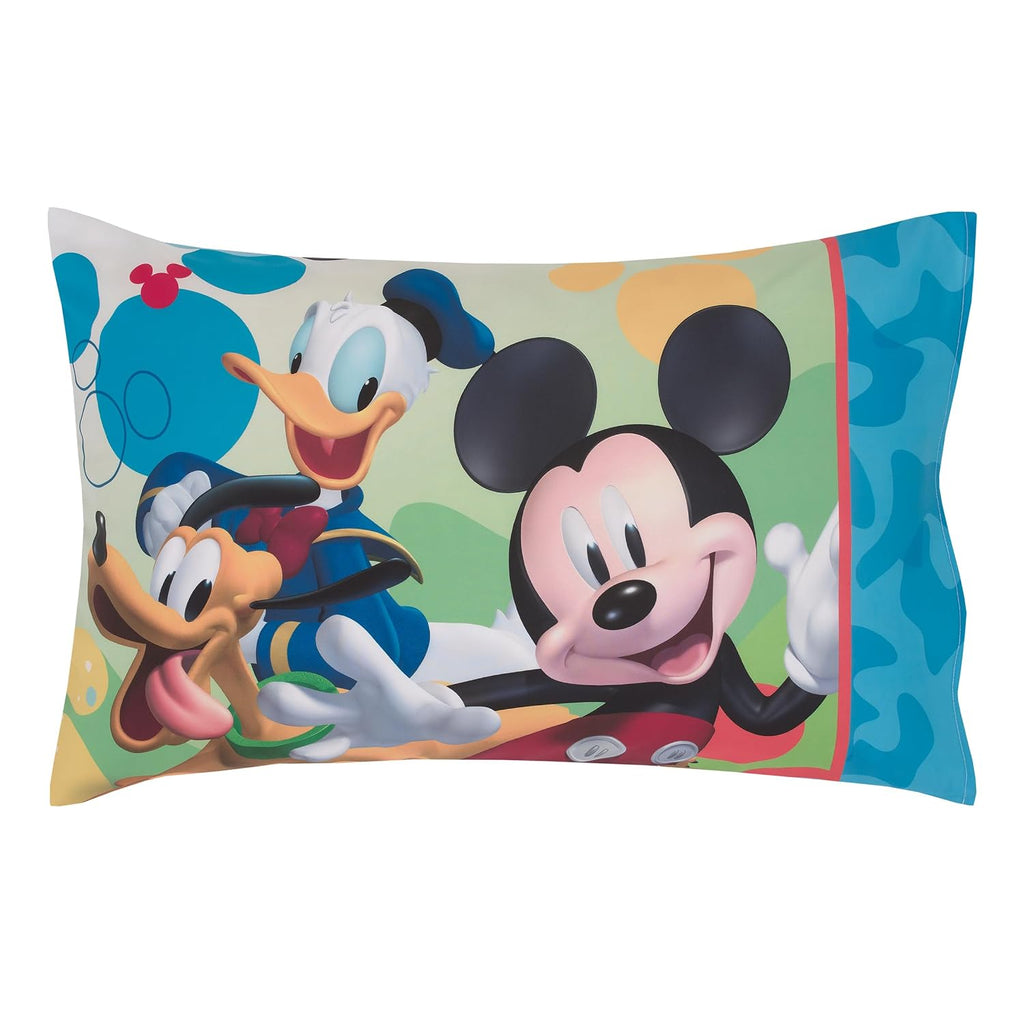 Disney Mickey Mouse Blue, Red, Green, and White, Donald Duck, Pluto, and Goofy, Fun Starts Here 2 Piece Toddler Sheet Set - Fitted Bottom Sheet, and Reversible Pillowcase