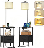 Floor Lamp with Table Set of 2, Charging Station, Black, 15" W