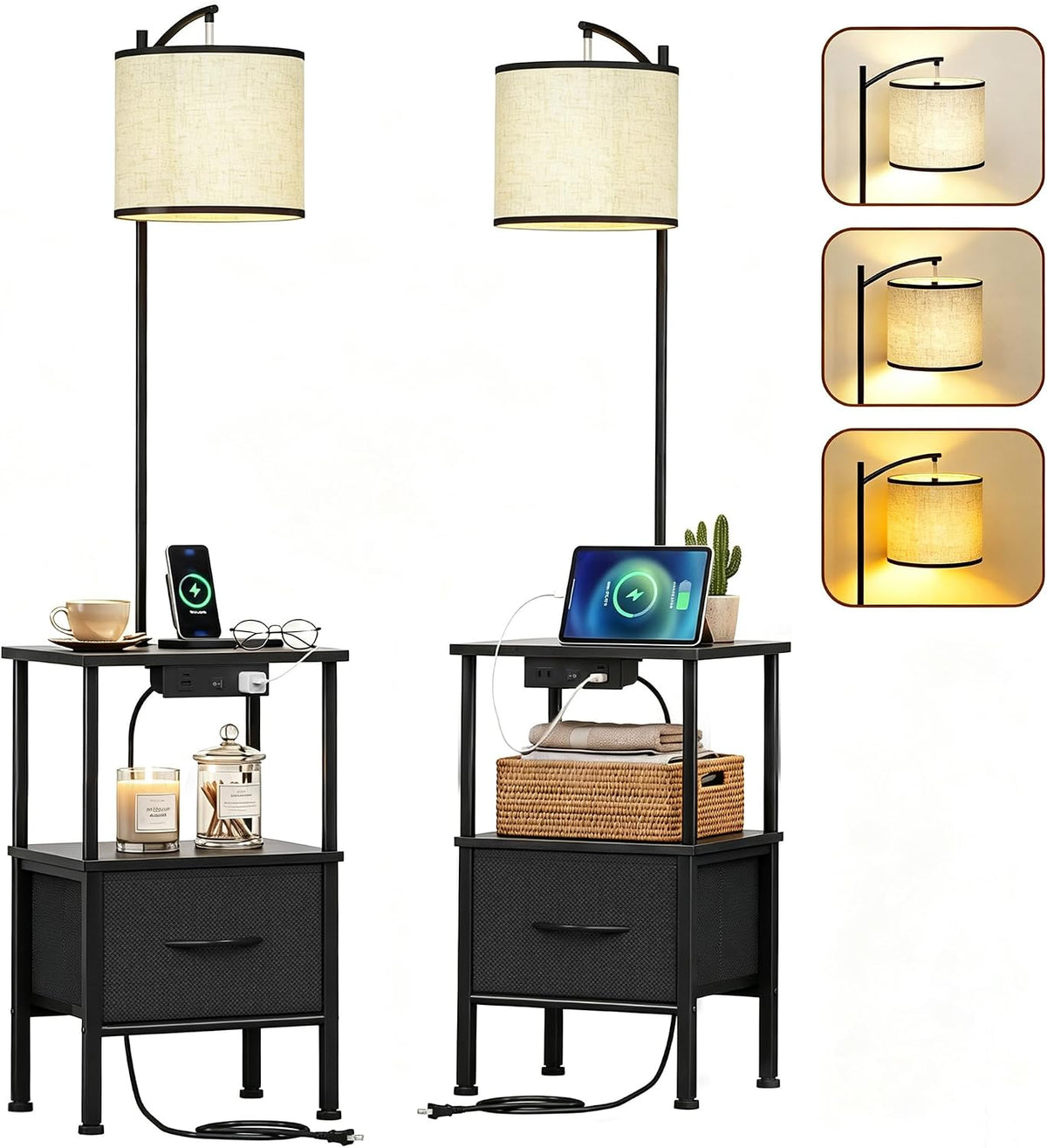 Floor Lamp with Table Set of 2, Charging Station, Black, 15" W