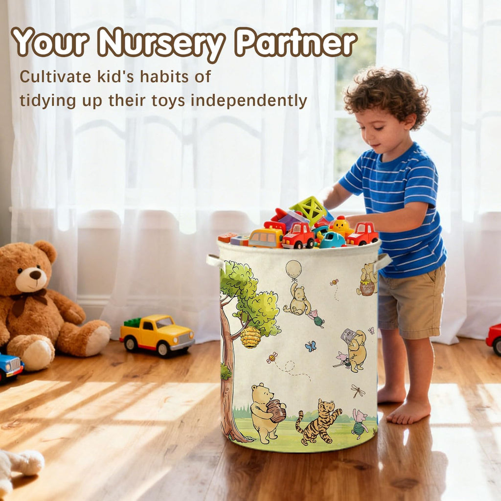 Oval Neutral Classic Winnie Bear Baby Laundry Basket Hamper for Nursery