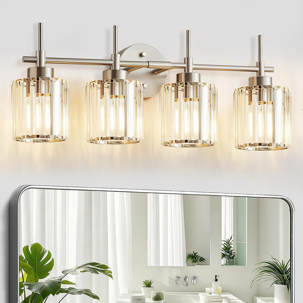 EJIAXIN Crystal Bathroom Vanity Lights, 4 Light Bath Mirror Light Brushed Nickel Round Crystal Wall Mount Light Fixture Over Mirror Morden for Living Room