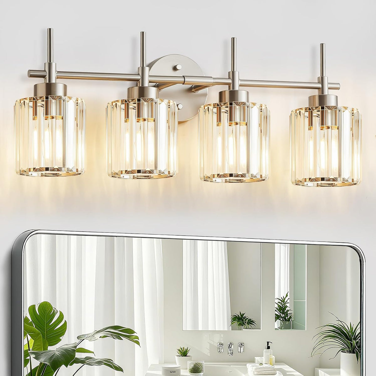 EJIAXIN Crystal Bathroom Vanity Lights, 4 Light Bath Mirror Light Brushed Nickel Round Crystal Wall Mount Light Fixture Over Mirror Morden for Living Room