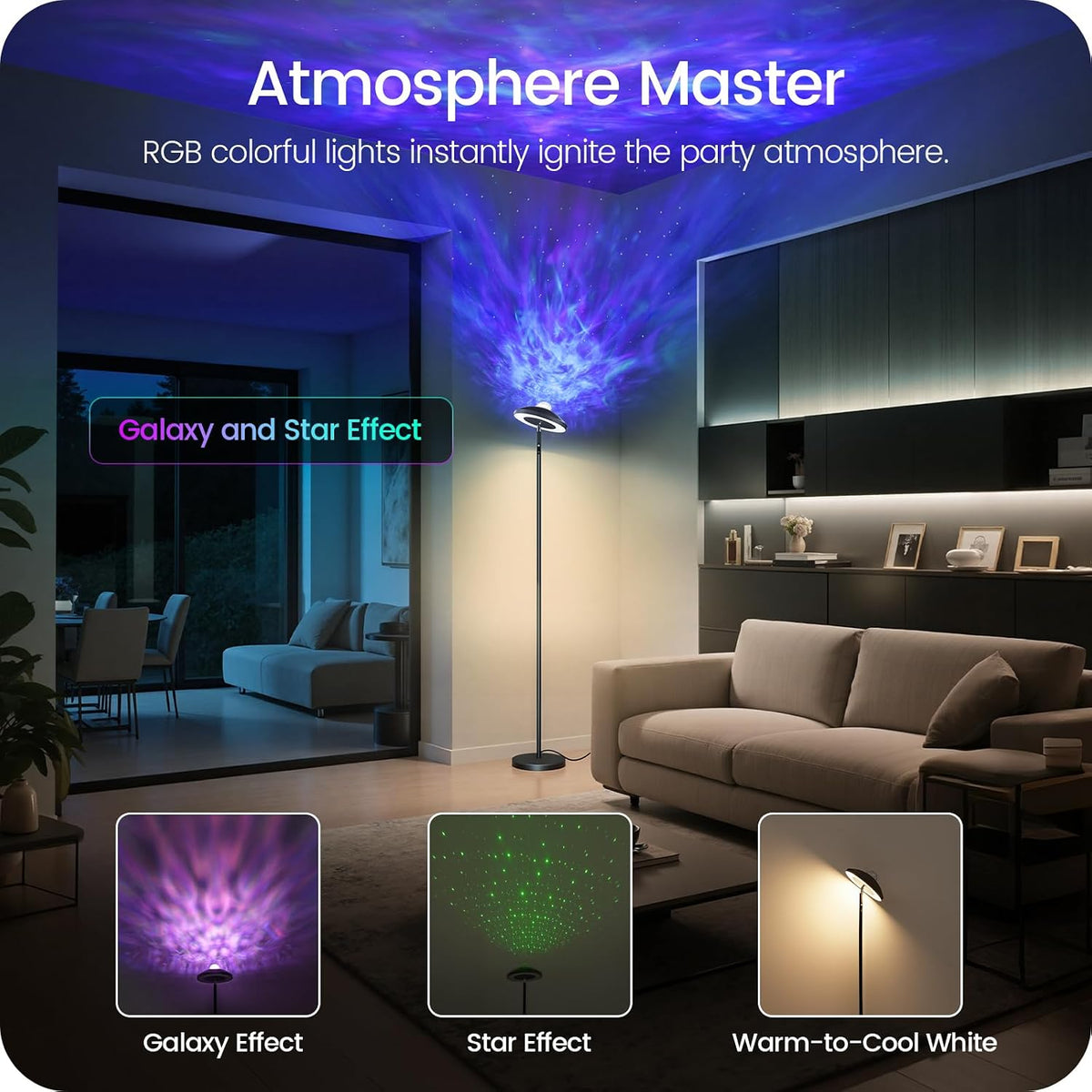 LED Floor Lamp with RGB Galaxy Projector, 18W Double Sided Corner Light Rotatable, Dimmable Standing Lamp with Remote, Black Modern Lamp for Living Room, Bedroom, Kids Room, Gaming B14LD05