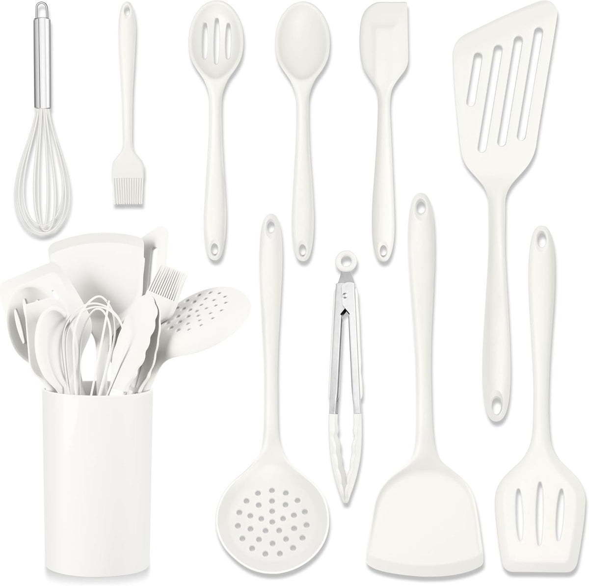 HaWare 11 PCS Silicone Cooking Utensils Set, Heat Resistant Kitchen Utensils with Holder, Food-grade Spatula Sets for Nonstick Cookware, Kitchen Tools Gadgets Include Fish Turner, Spoon (White)