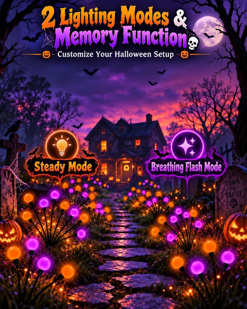 OZS 6 Pack Orange Purple Halloween Decorations Outdoor Solar Firefly Lights