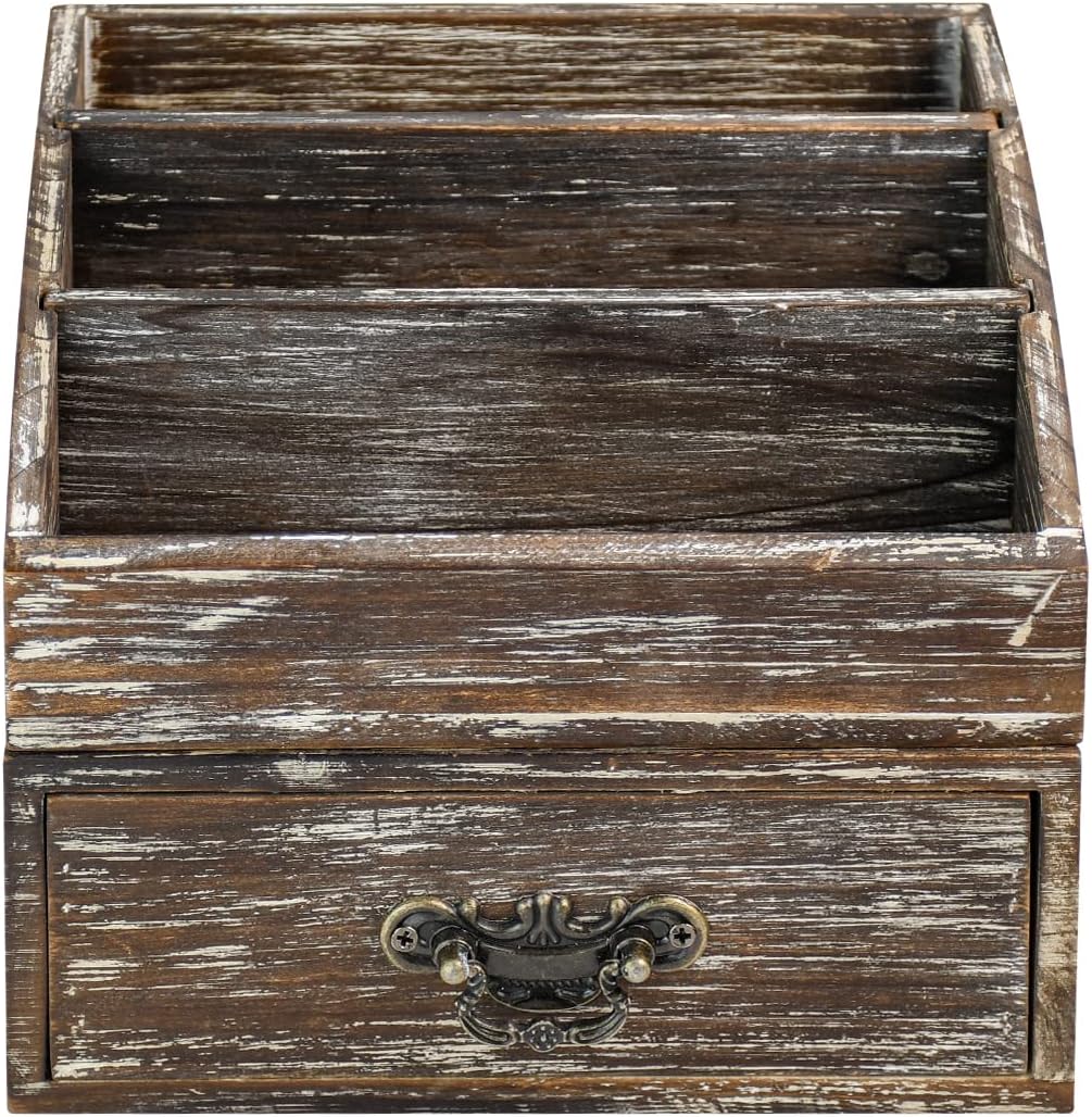 Office Desk Organizer with Drawers & Dark Brown Vintage Wood Desktop Storage Caddy 2pcs/set Workspace Supplies Farmhouse Mail Countertop Organizer Makeup Storage Box for Home Decor Supplies Vanity……