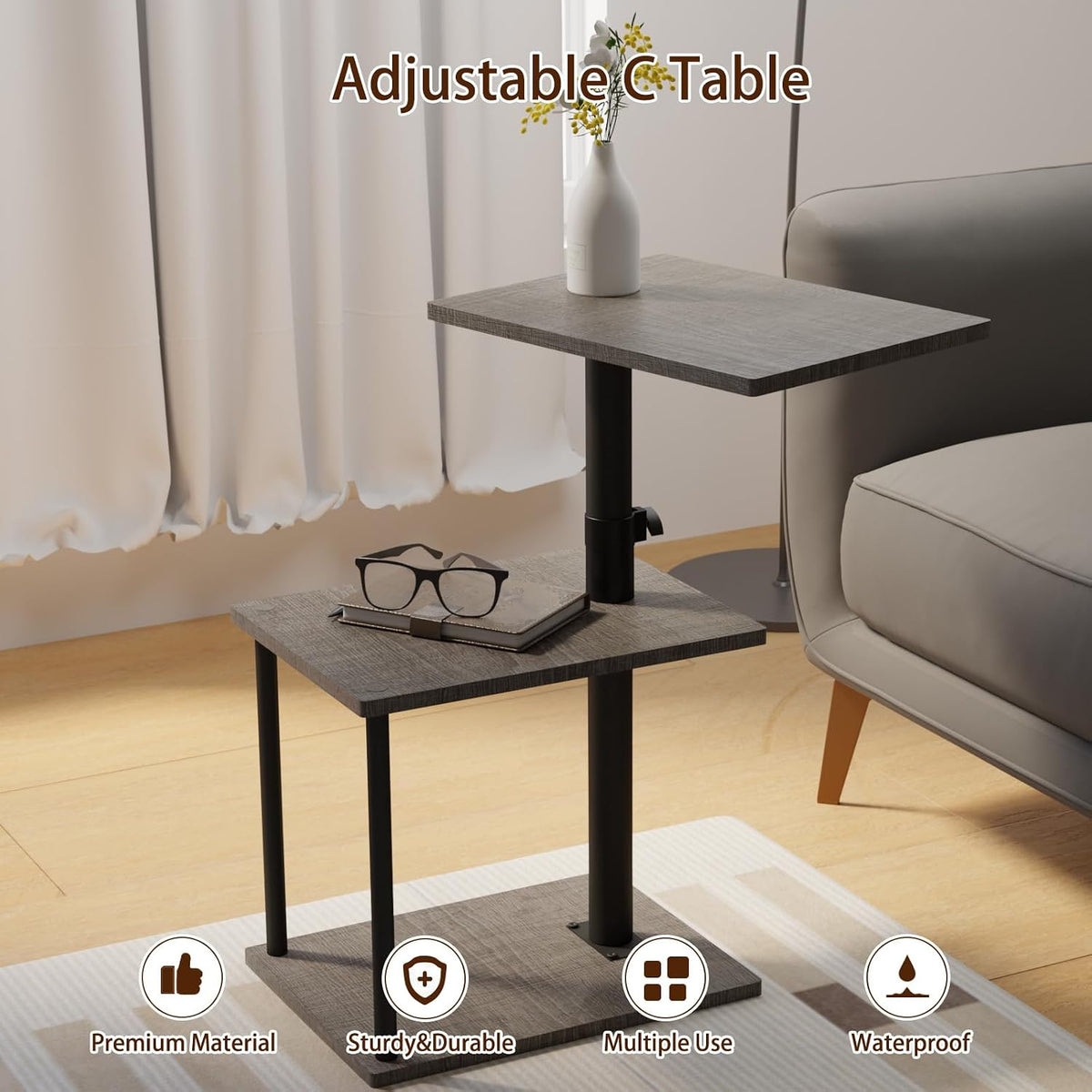 Faesun Swivel Side Table for Couch Arm, Height Adjustable C Table for Recliner or Bed, Tv Trays with Storage Shelf for Small Spaces- Small Nightstand Table for Living Room, Bedroom