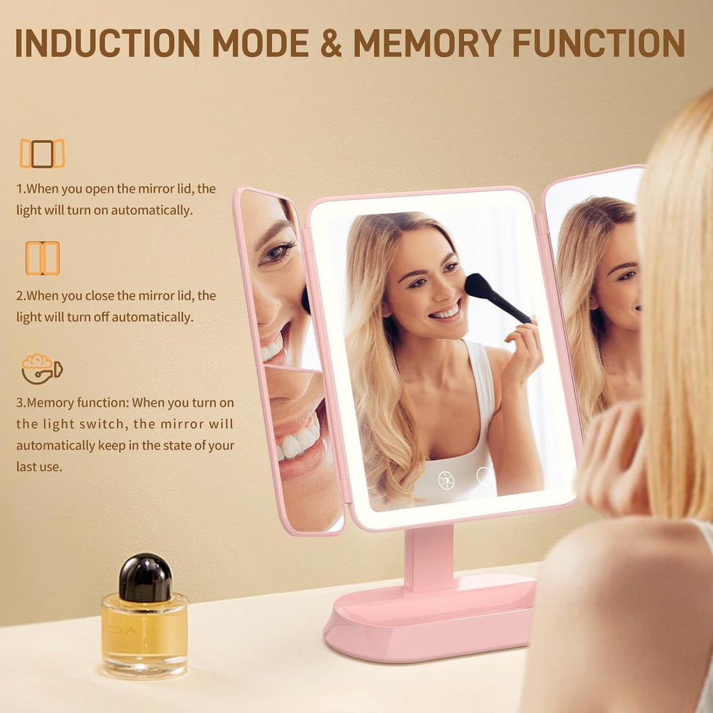 FRANO Rechargeable Trifold Makeup Mirror with Lights, 1X/3X/5X Magnification, Cordless 3-Color LED Vanity Mirror for Travel & Desk, Up to 20H Use, Ideal Gift for Women & Teens - Pink