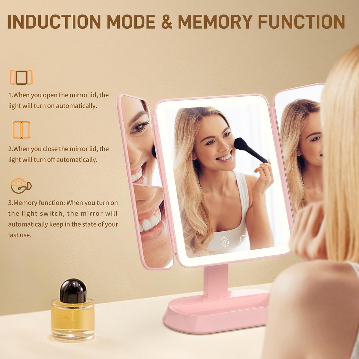 FRANO Rechargeable Trifold Makeup Mirror with Lights, 1X/3X/5X Magnification, Cordless 3-Color LED Vanity Mirror for Travel & Desk, Up to 20H Use, Ideal Gift for Women & Teens - Pink