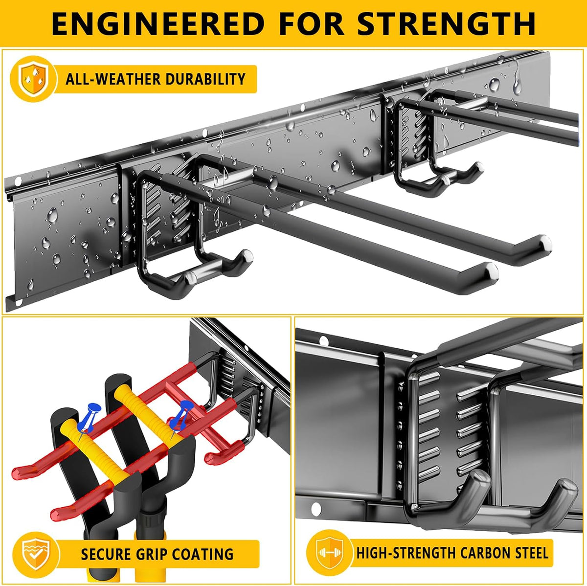 Garage Tool Organizer Wall Mount, 48inch Heavy-Duty Garage Storage System and Garden Tool Organizer with 6 Adjustable Double Hooks for Shovel, Snowboard, Yard Tools and Shed