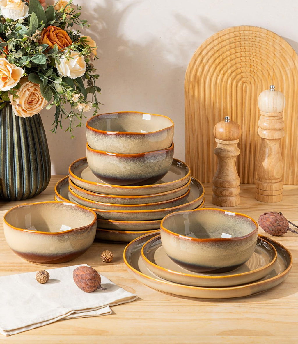 Ceramic Dinnerware Set for 4, 12-Piece Plates and Bowls Set