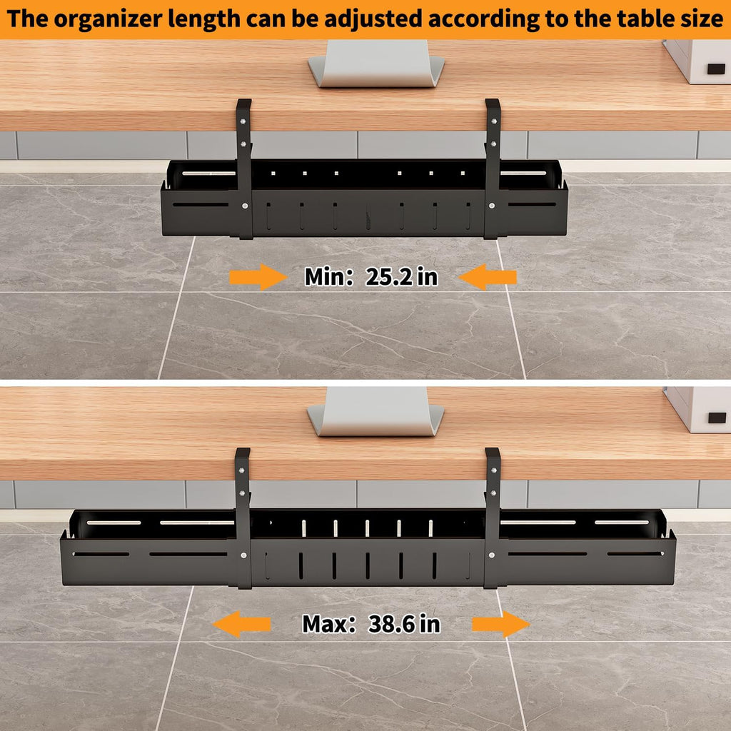 Under Desk Cable Management Tray, Expandable Length 25.2"-38.6",No Drill No Damage to Desk,Cable Tray with Clamp for with Wire Management,for Cord Organizer for Home Office Standing Desk, Black