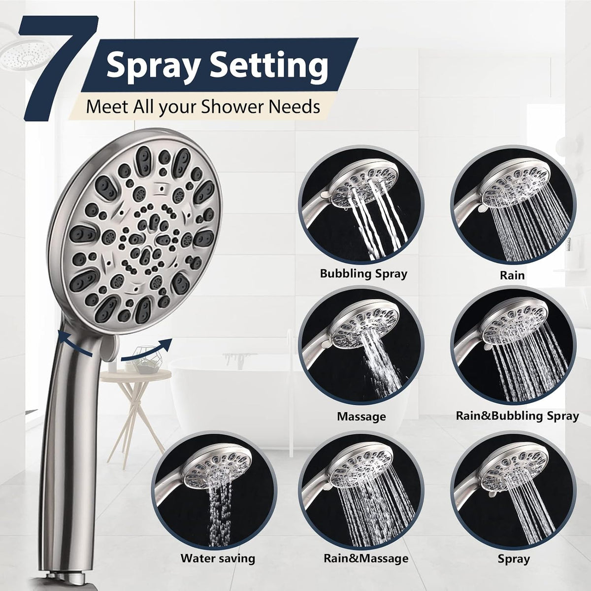 Rainfall 8 Inch Round Shower Head with High Pressure Handheld Spray Combo, Drill-Free Slide Bar with Adjustable Shower Extension Arm, 3-Way Diverter for Easy Reach, 5Ft Hose- Brushed Nickel