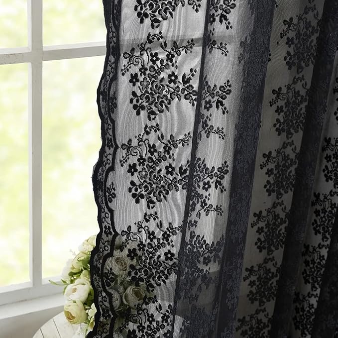 YJ YANJUN Vintage Lace Curtains 63 Inch Length-Victorian Floral Pattern Black - Image 4