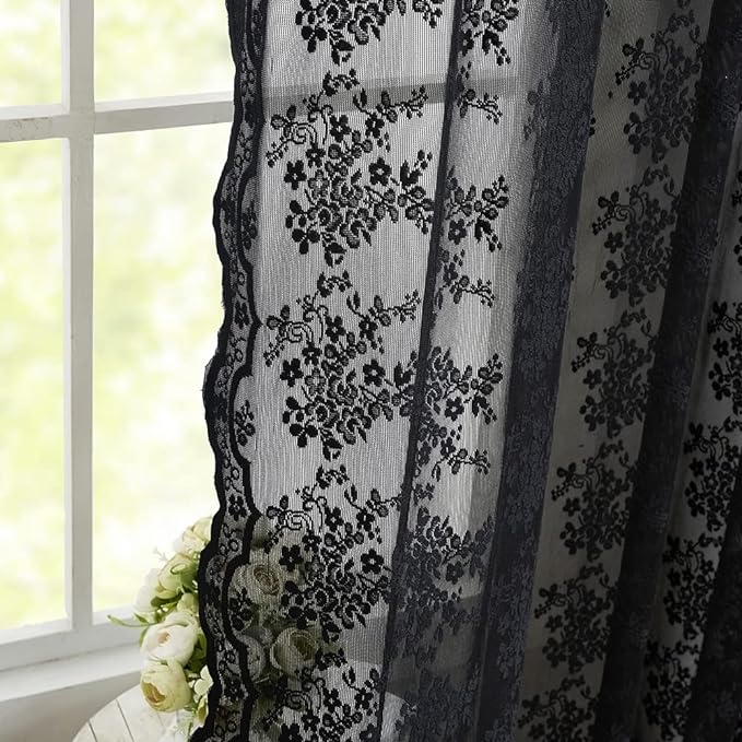 YJ YANJUN Vintage Lace Curtains 84 Inches Long-Victorian Floral Pattern Black - Image 5
