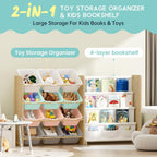 Kids Toy Storage Organizer with Bookshelf - 12 Multi-Color Bins and 4 Book Shelves, Organizers and Storage for Playroom, Nursery, Room, Burlywood